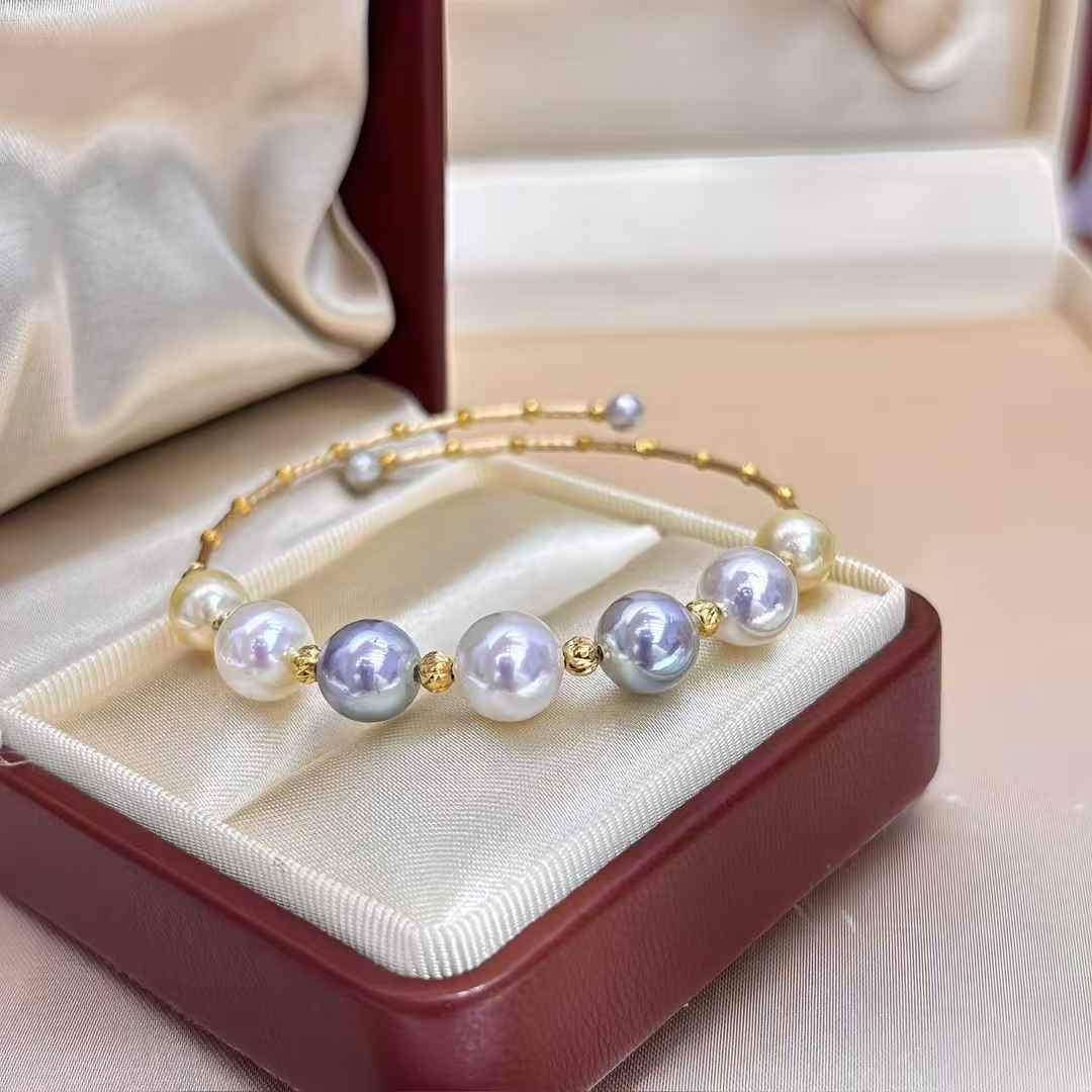 :Tears of Moonbow|Tri-color Akoya Pearl Bracelet (Sterling Silver Clasp)